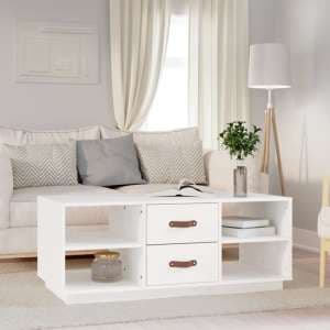 Aivar Pine Wood Coffee Table With 2 Drawers In White - UK