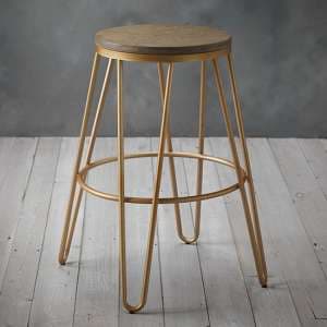 Akan Round Wooden Bar Stool With Gold Frame In Natural