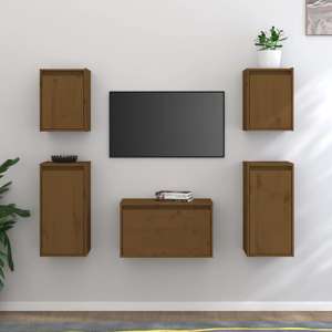 Akiva Wall Hung Solid Pinewood Entertainment Unit In Honey Brown - UK