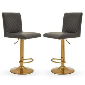 Baino Grey Leather Bar Chairs With Round Gold Base In A Pair - UK