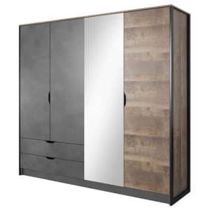 Akron Mirrored Wardrobe With 4 Hinged Doors In Grande Oak - UK