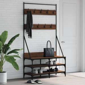 Akron Wooden Clothes Rack With Shoe Storage In Brown Oak - UK
