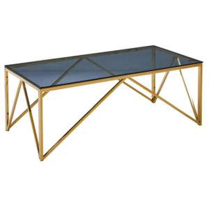 Alaro Glass Coffee Table In Smoked Blue Grey With Gold Frame - UK