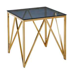 Alaro Glass End Table In Smoked Blue Grey With Gold Frame - UK