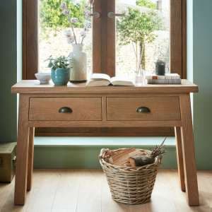 Albas Wooden Console Table In Planked Solid Oak With 2 Drawers
