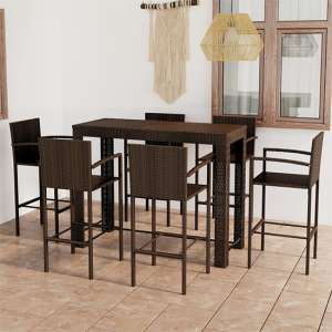 Aleka Outdoor Poly Rattan Bar Table With 6 Stools In Brown