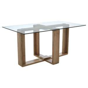 Alfratos Clear Glass Top Dining Table With Natural Wooden Base - UK