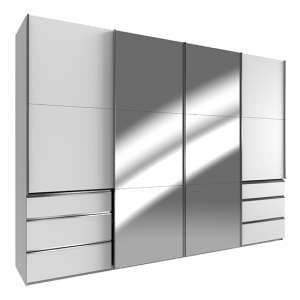 Alkesu Mirrored Sliding 4 Doors Wardrobe In White With 6 Drawers