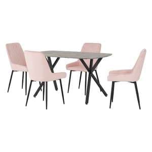Alsip Dining Table In Concrete Effect With 4 Avah Pink Chairs