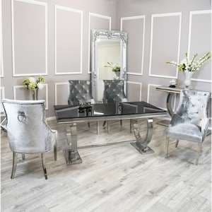 Alto Black Glass Dining Table With 8 Dessel Pewter Chairs