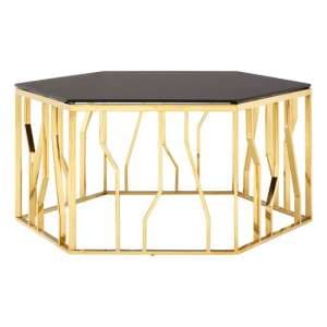 Alvara Hexagonal Black Glass Top Coffee Table With Gold Frame