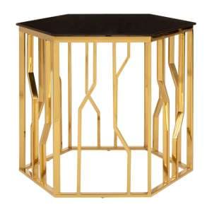 Alvara Hexagonal Black Glass Top Side Table With Gold Frame - UK