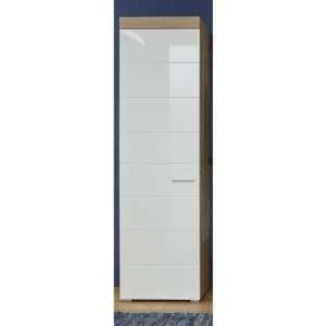 Amanda Tall Storage Cabinet In White High Gloss And Knotty Oak - UK