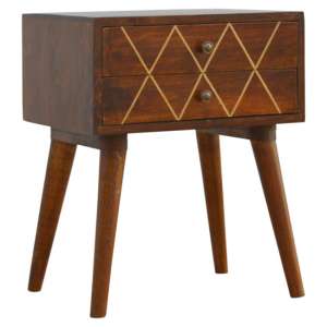 Amish Wooden Brass Inlay Bedside Cabinet In Chestnut 2 Drawers - UK