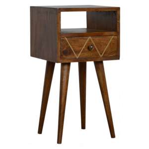 Amish Wooden Petite Brass Inlay Bedside Cabinet In Chestnut - UK