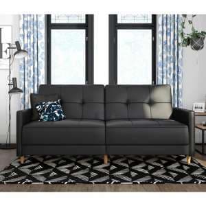 Auckland Leather Sprung Sofa Bed In Black With Wooden Legs