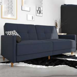 Andorra Linen Fabric Sofa Bed With Wooden Legs In Navy Blue - UK