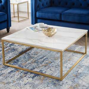 Sable Gloss White Marble Effect Coffee Table And Gold Frame - UK