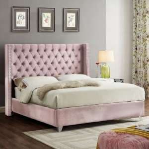 Apopka Plush Velvet Upholstered Double Bed In Pink - UK