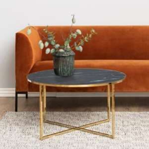 Arcata Black Marble Glass Coffee Table Round With Gold Frame - UK