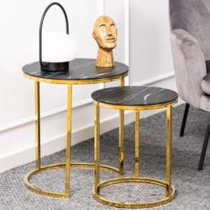 Arcata Black Marble Glass Nest Of 2 Table Round With Gold Frame - UK