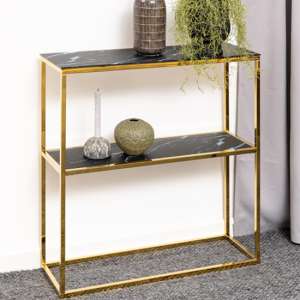 Arcata Black Marble Glass Shelves Console Table With Gold Frame - UK