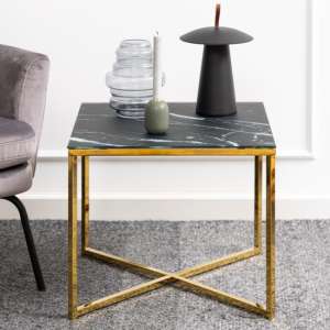 Arcata Black Marble Glass Side Table Square With Gold Frame - UK