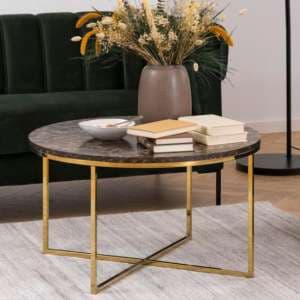 Arcata Brown Marble Glass Coffee Table Round With Gold Frame - UK