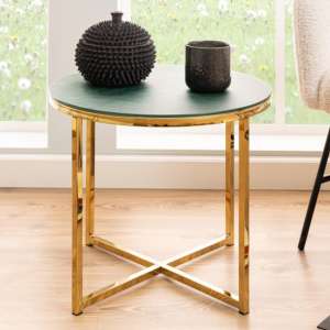 Arcata Green Marble Glass Side Table Round With Gold Frame - UK