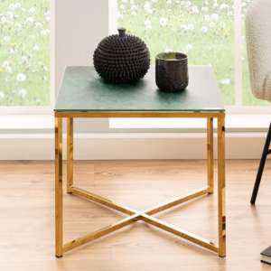 Arcata Green Marble Glass Side Table Square With Gold Frame - UK