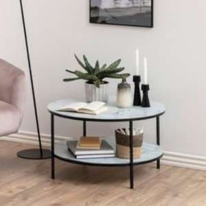 Arcata White Marble Glass Coffee Table With Black Steel Frame - UK