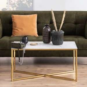 Arcata White Marble Glass Coffee Table With Gold Frame - UK