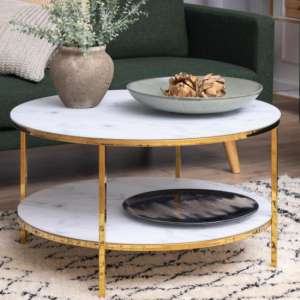 Arcata White Marble Glass Coffee Table With Gold Steel Frame