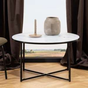 Arcata White Marble Glass Coffee Table Round With Black Frame