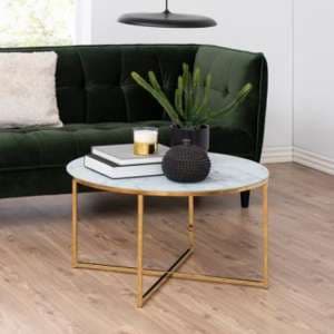 Arcata White Marble Glass Coffee Table Round With Gold Frame - UK