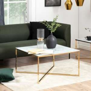 Arcata White Marble Glass Coffee Table Square With Gold Frame - UK