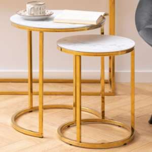 Arcata White Marble Glass Nest Of 2 Table Round With Gold Frame - UK
