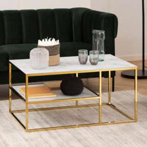 Arcata White Marble Glass Shelves Coffee Table With Gold Frame - UK