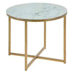 Arcata White Marble Glass Side Table Round With Gold Frame - UK
