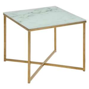 Arcata White Marble Glass Side Table Square With Gold Frame - UK