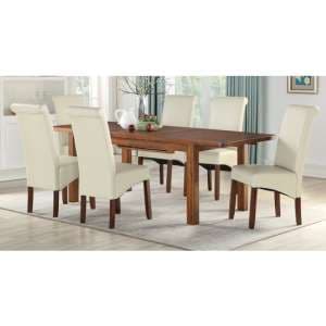 Areli Acacia Wood Extending Dining Set With 4 Cream Sika Chairs