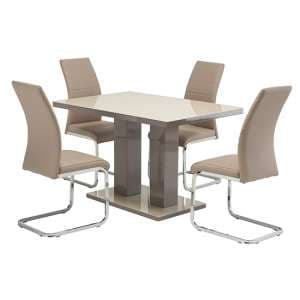 Aarina Latte Gloss Dining Table With 4 Sako Cappuccino Chairs