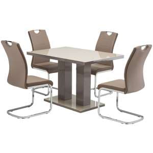 Aarina Latte Gloss Dining Table With 4 Aspin Latte Chairs