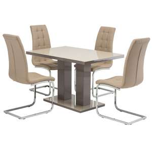 Aarina Latte Gloss Dining Table With 4 Moreno Taupe Chairs