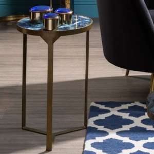 Arenza Round Blue Agate Stone Side Table With Gold Base
