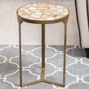 Arenza Round Muted Agate Stone Side Table With Gold Base - UK