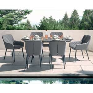 Arica Outdoor Oval Wooden Dining Table With 6 Grey Armchairs