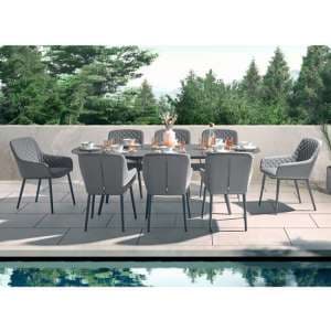 Arica Outdoor Oval Wooden Dining Table With 8 Grey Armchairs