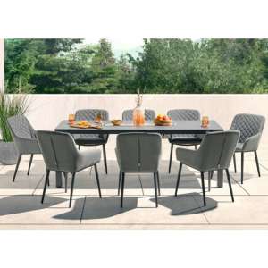 Arica Rectangular Wooden Dining Table With 8 Grey Armchairs