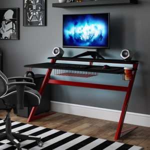 Altarnun Gaming Desk In Black Carbon Fibre Effect And Red Legs